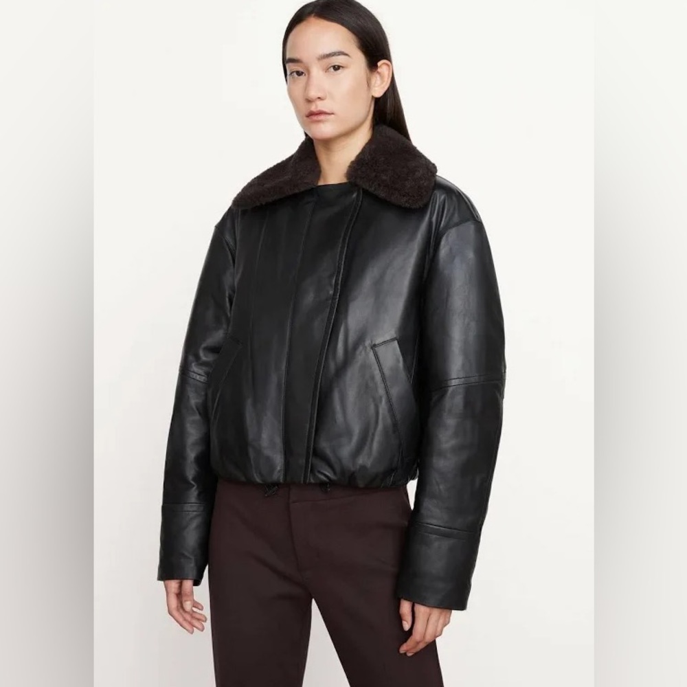 Vince Leather Puffer Bomber style with Shearling Collar NWT XS